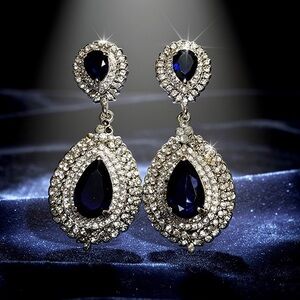 Silver w/Blue Sapphire–Style Teardrop Dangle Earrings